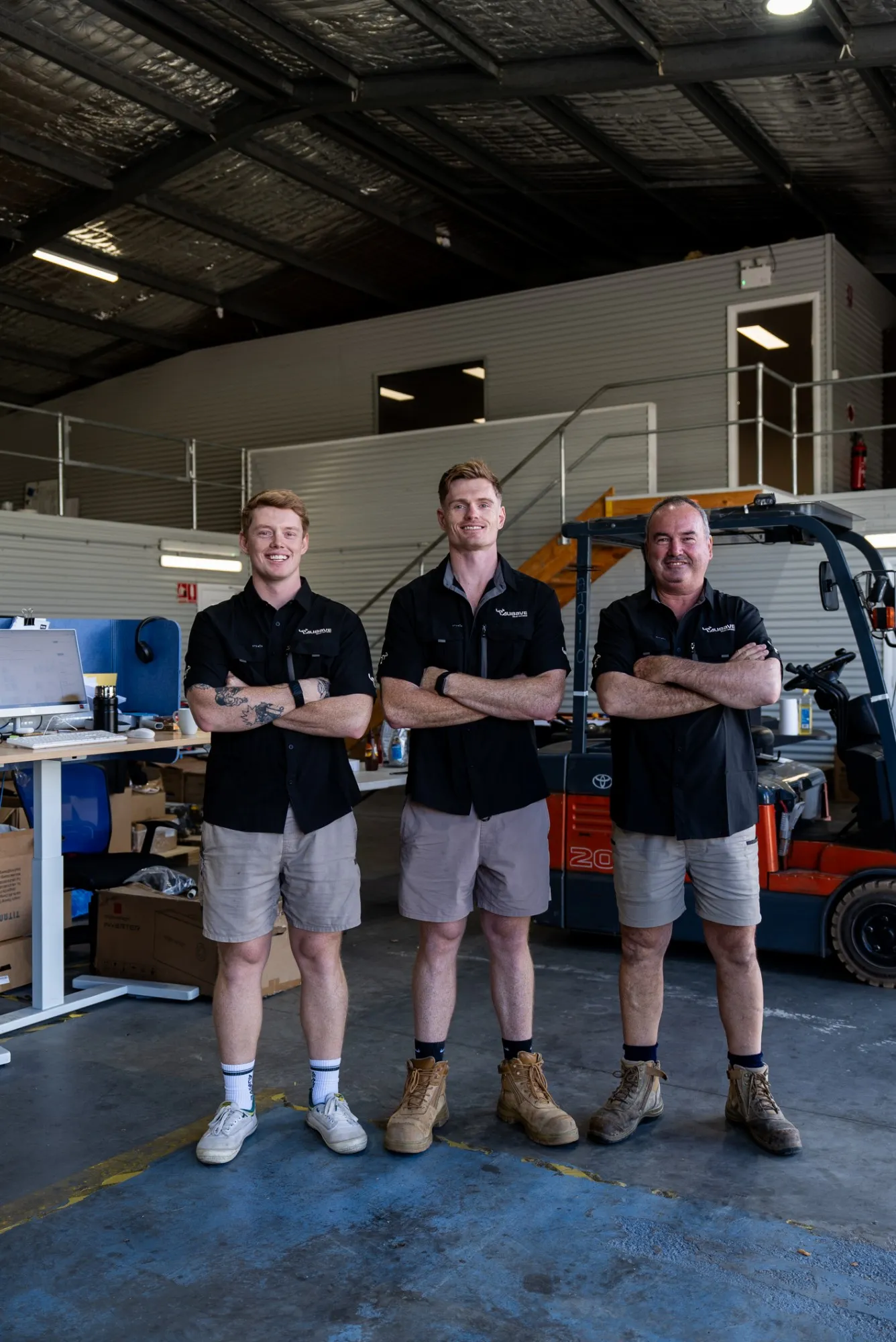 Ausave’s three directors, Mark, Mitch and Lloyd, in the warehouse