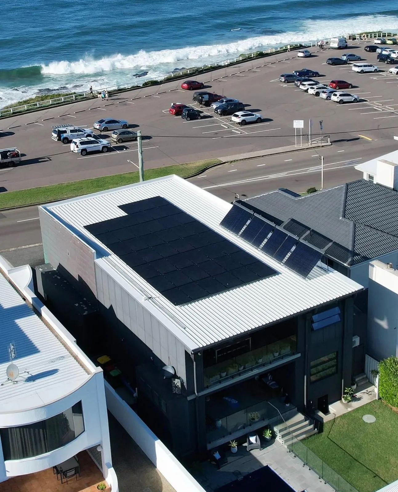Aerial view of a completed Ausave installation on a beachfront home
