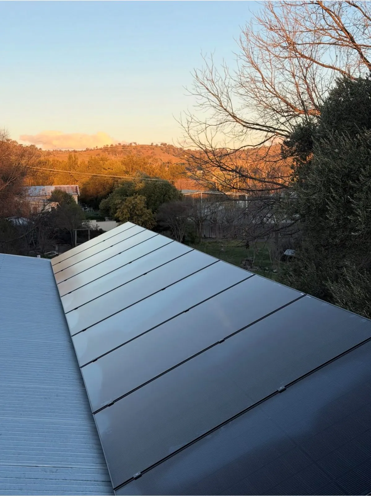 A row of panels on a metal roof at golden hour