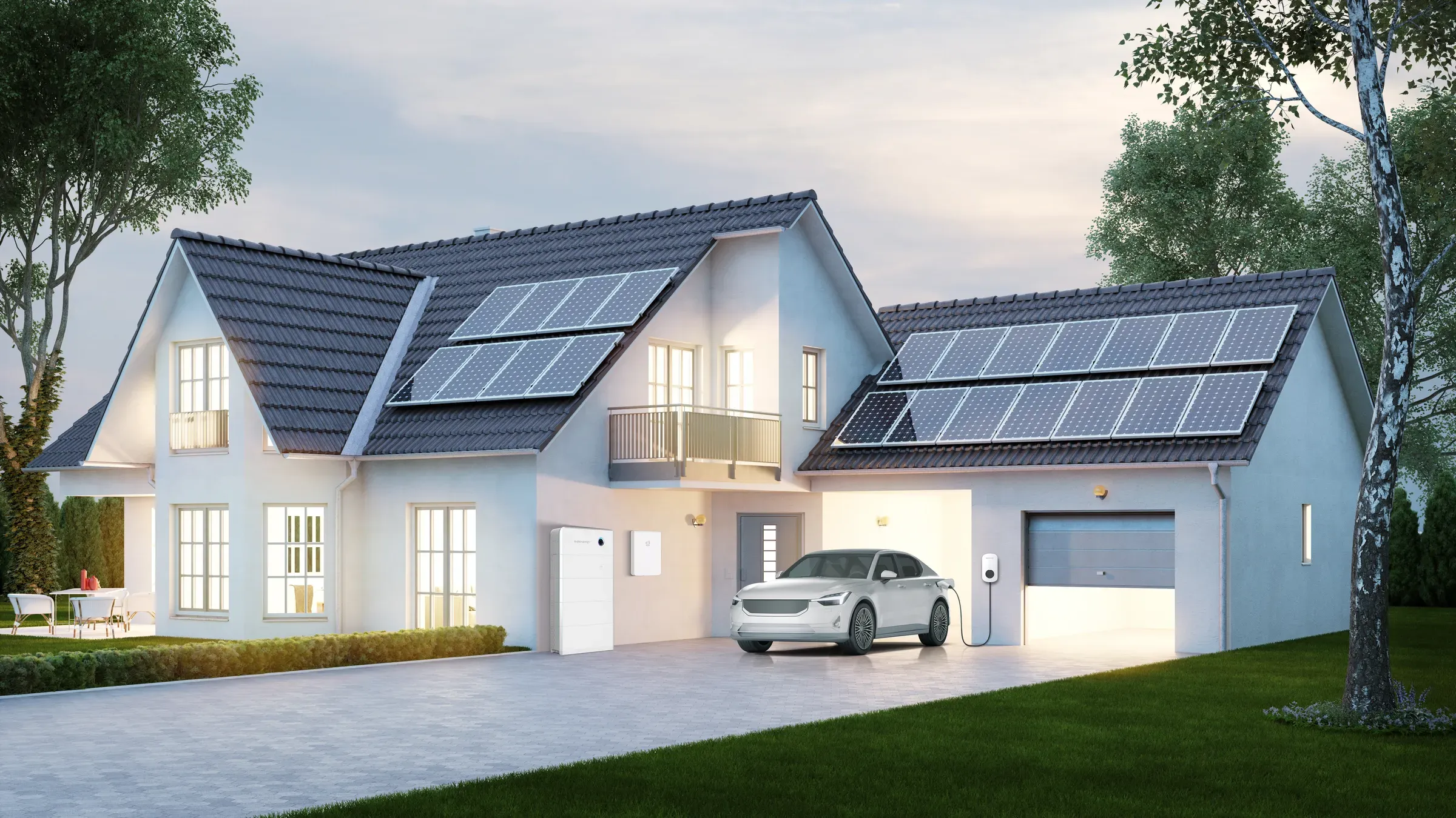 A two-storey home with rooftop solar, a SigenStor battery and Energy Gateway on the wall, and an electric car charging in the driveway