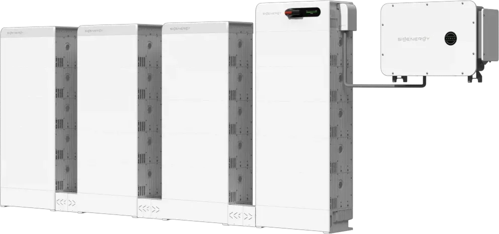 Sigenergy SigenStack: four battery towers connected to a wall-mounted commercial inverter
