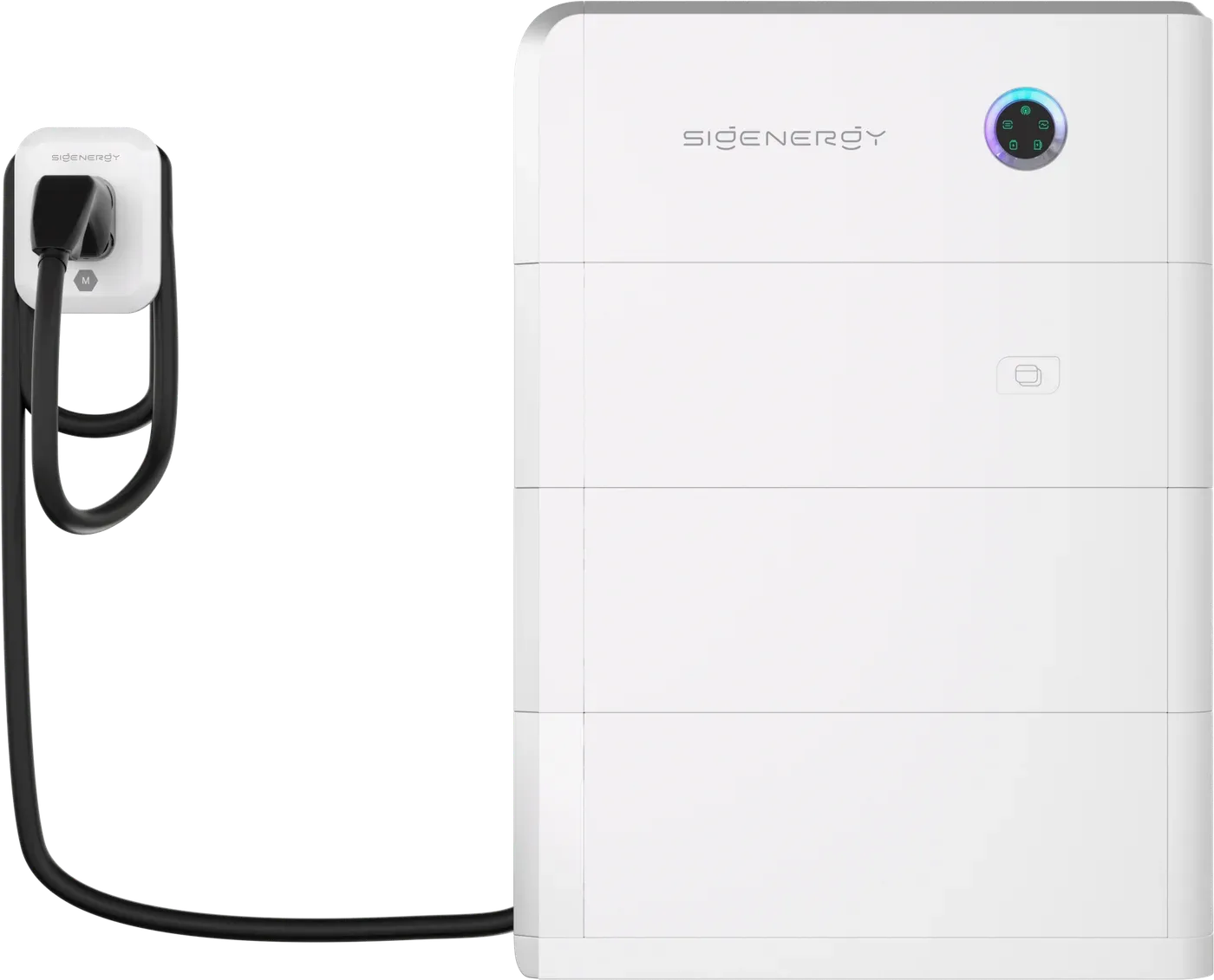 Sigenergy SigenStor with an EV DC charging module stacked in and a charging cable on a wall holster